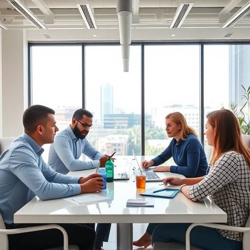 Two people collaborating on a fintech project in a modern office